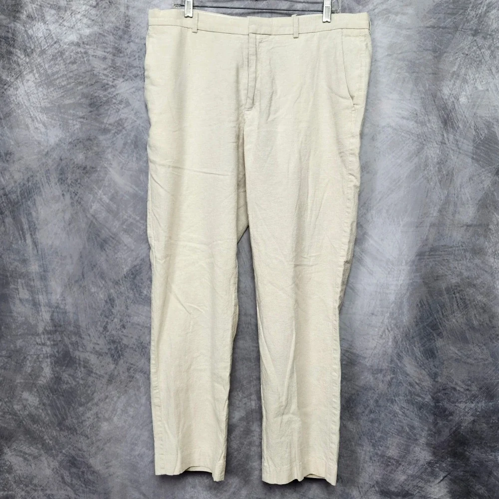 Perry Ellis Linen Blend Pants Mens 36x30 Beige Flat Front Chino Trousers